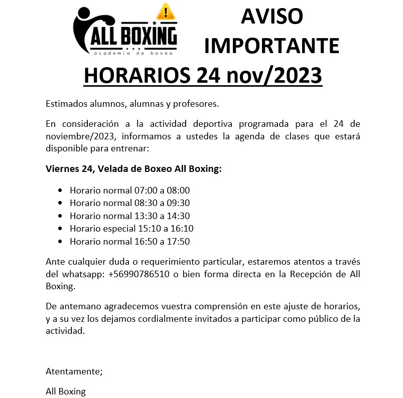 AVISO IMPORTANTE HORARIOS 24 nov/2023